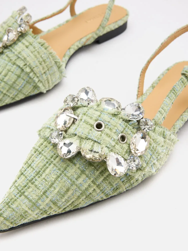 Sofie Tweed Diamante Buckle Slingback Flats