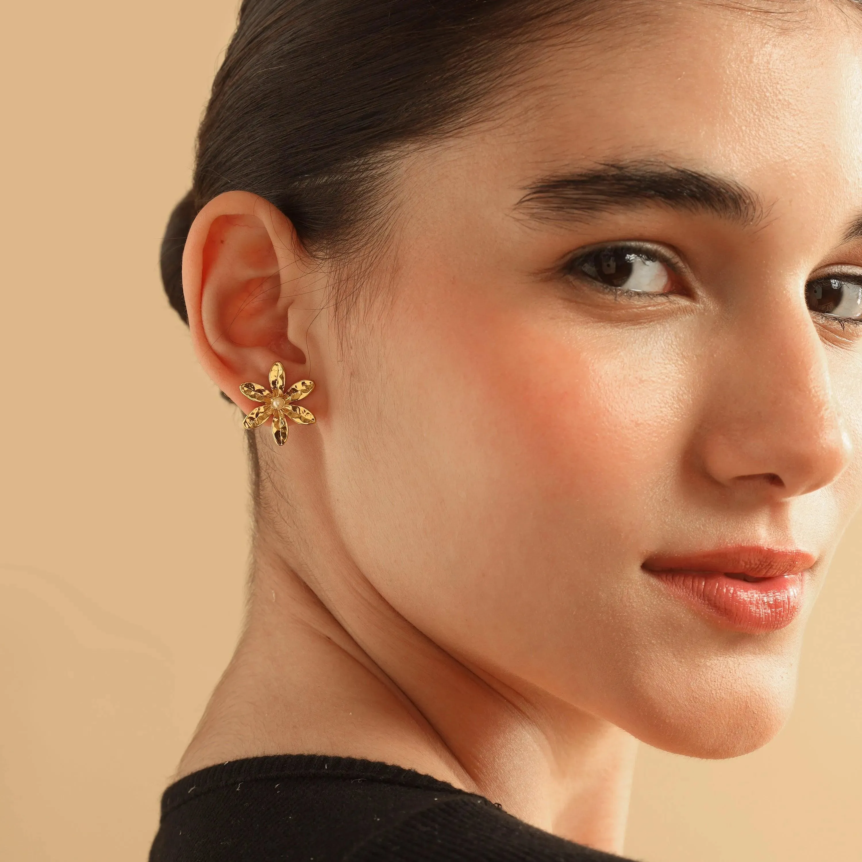 TFC Hibiscus Gold Plated Pearl Stud Earrings