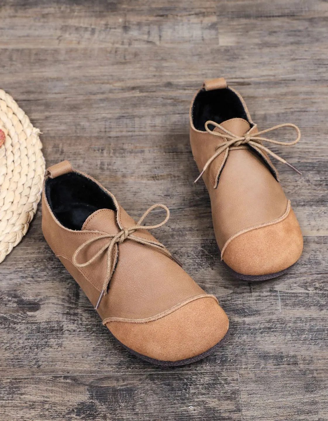 Toe Stitching Soft Leather Lace-up Retro Flat Shoes 35-41